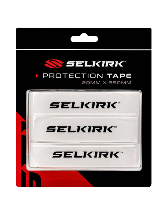 A package of SELKIRK brand protective edge guard tape for pickleball paddles, displayed with white tape featuring the SELKIRK logo in red and black.