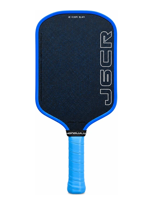 A J6CR pickleball paddle with a black textured paddle face, a bright blue border, and a blue wrapped handle, shown against a plain white background.